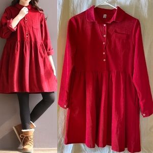 Red Corduroy dress, A-line, button down, Mori style